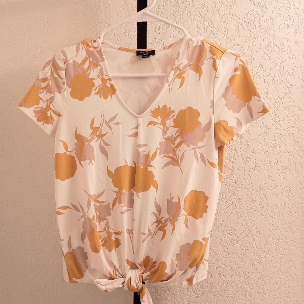 Ann Taylor Factory Floral Tie-Front Blouse - Cream Tan Mustard Yellow